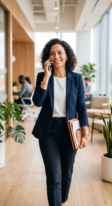 Consultora da Orizont Contábil sorrindo ao telefone com um cliente